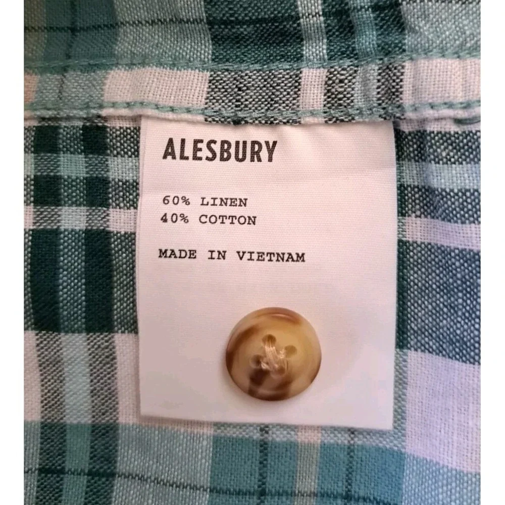Alesbury Shirt Men's Lg Button‎ Up Green Plaid Short Sleeve Linen Cotton Blend